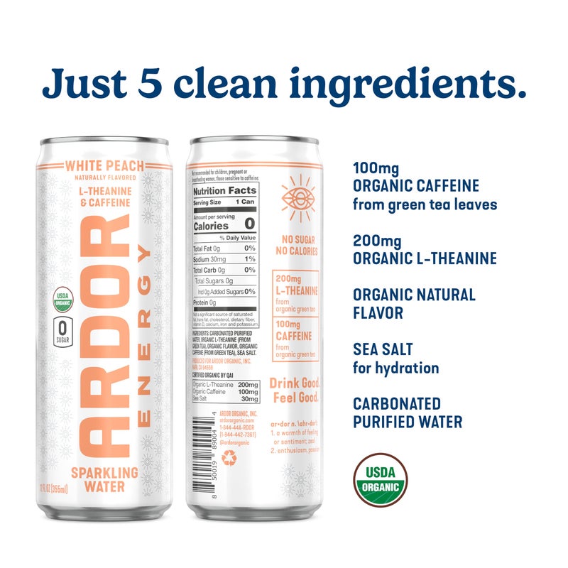 ARDOR ENERGY Sparkling Water with 100mg Natural Caffeine & 200mg L-Theanine from Organic Green Tea for Smooth Energy & Focus | Healthy Energy Drink | No Sugar, Zero Calories, Vegan, Gluten-Free | White Peach (Pack of 12, 12oz cans) - Image 3